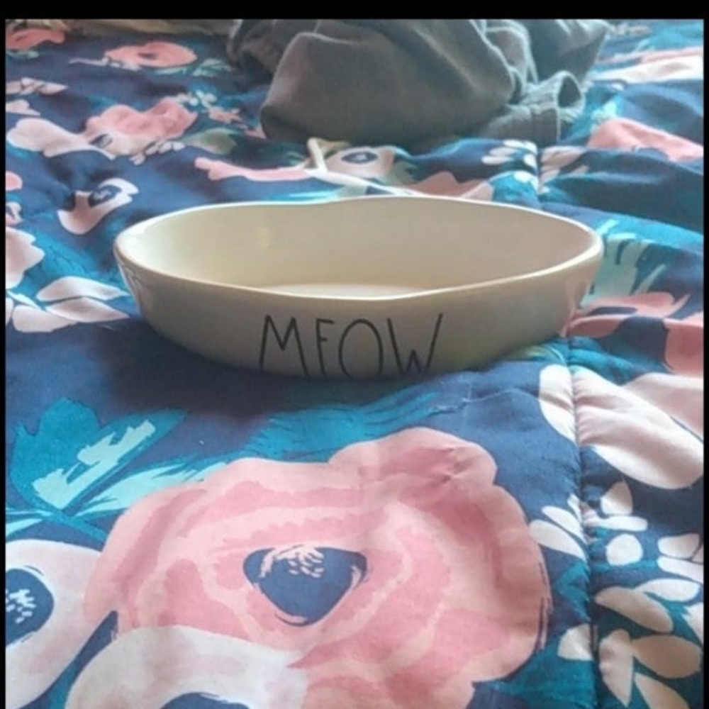 Rae Dunn cat bowl says meow on it